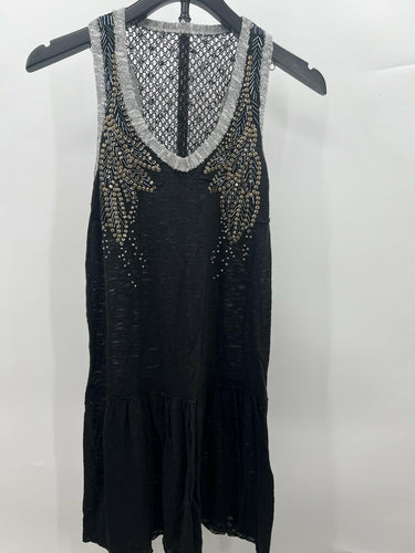Miss Me Beaded Embellished Tank Top Black Boho Racerback Crochet Lace - Size M Miss Me