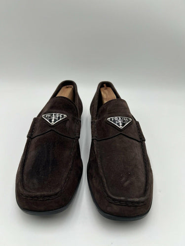 Men’s Prada chocolate brown suede slip-on driving loafers triangle logo 7UK PRADA