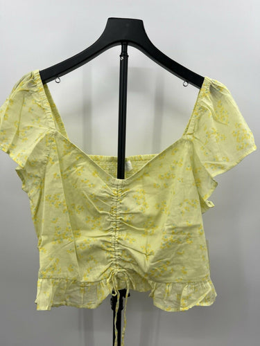 Abound Top Green Yellow Moxie Floral Ruched Smocked Crop Blouse XL Abound