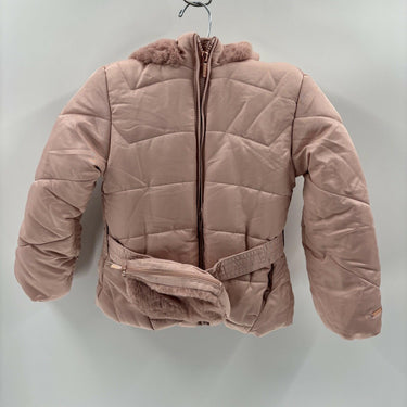 Tahari Girl Full Zip Faux Fur Belted Jacket w/Hood Pink Size 5 Tahari