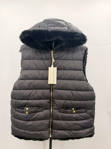 Joie Black Reversible Puffer Vest Faux Fur Hooded Gold Zip Pockets Quilt XL