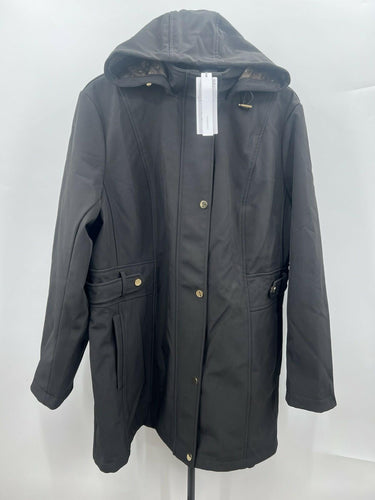 Liz Claiborne Jacket Womens Softshell Hooded Black Trench Gold Snap 1X Liz Claiborne