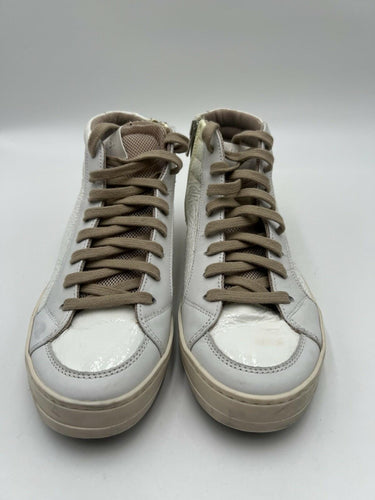 P448 White Patent Leather High Top Side Zip Sneakers Size 7