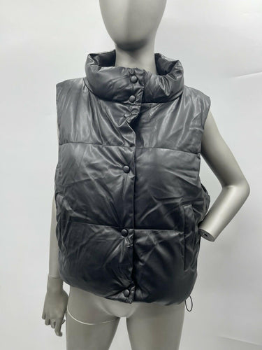 NWT Women’s Love Tree Full Zip Faux Leather Puffer Black Vest Size L Love Tree