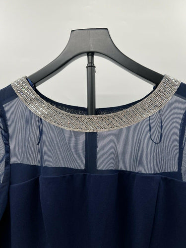 Alex Evenings Navy Blue Beaded Illusion Neckline Bell Sleeve Sheath Dress 12 Alex Evenings