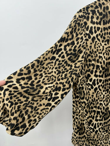 New York & Company Blouse Womens Leopard Print Red Bow Tie Neck Button Front L Leopard