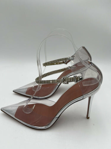 Amina Muaddi Ursina clear PVC crystal ankle strap pumps in silver Size 38