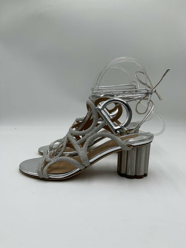 SALVATORE FERRAGAMO Vinci 55mm Glitter Leather Silver Sandals Heels Size 5C
