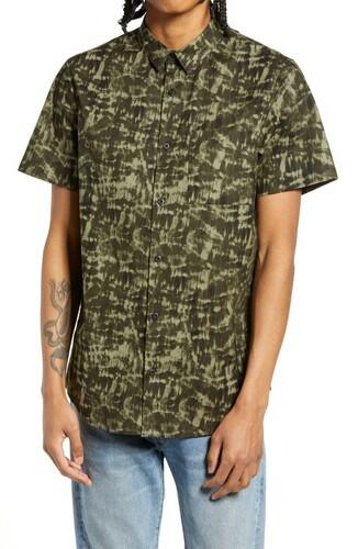 BP. Slim Fit Short Sleeve Stretch Cotton Button-Up Olive Shibori Odyssea Size XS BP.