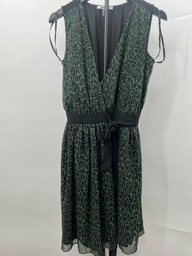 DKNY Dress Womens Chiffon Animal Print Green Black Wrap V Neck Tie Waist XS DKNY