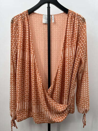 L'Academie Top Womens Blouse Deep V Draped Tie Sleeve Geometric Terracotta S L’academie