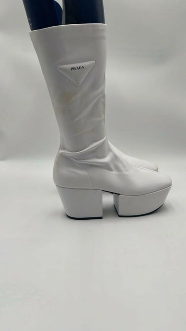 WOMEN’S PRADA PLATFORM RAIN PULL ON BOOTS WHITE LEATHER SIZE 37 PRADA