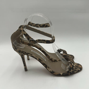 Manolo Blahnik CHAOS Leopard Print Canvas Open Toe Ankle Strap High Heels 39.5 Manolo Blahnik