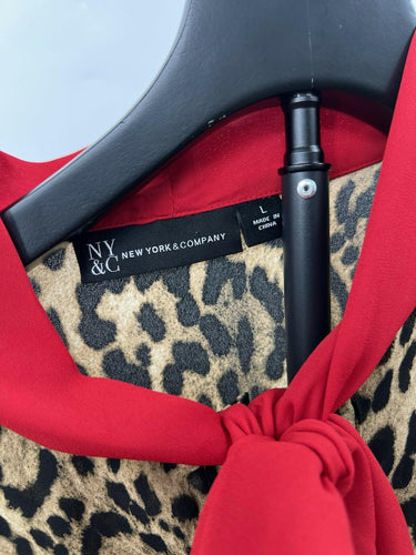 New York & Company Blouse Womens Leopard Print Red Bow Tie Neck Button Front L Leopard