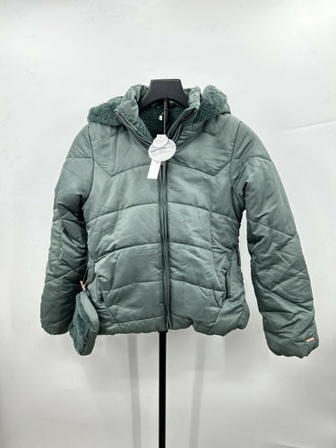 Tahari green Girls puffer jacket faux fur lined hooded Small Pouch Size 12 Tahari