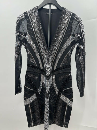 Express Sequin Dress Womens Bodycon Mini Black Silver Mesh Long Sleeve V Neck S Express
