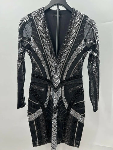 Express Sequin Dress Womens Bodycon Mini Black Silver Mesh Long Sleeve V Neck S Express