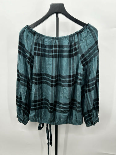 Vince Camuto Women's Deep Forest Metallic Plaid Off the Shoulder Top Size M Vince Camuto