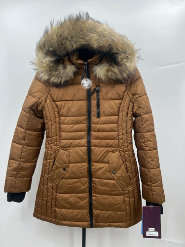 HFX Outdoors Puffer Jacket Womens Copper Brown Faux Fur Hood NWT Size S Hood