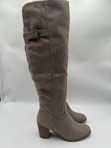 Sugar Winkie Taupe Faux Suede Sherpa Trim Buckle Knee Boots Womens 9 Sugar