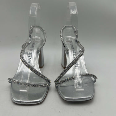 Women’s Stuart Weitzman Soiree Crystal block Silver Leather Heels Size 7.5B Stuart Weitzman