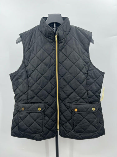 St Johns Bay Vest Womens Black Quilted Diamond Stitch Gold Zip Pockets Warm L St. John's Bay