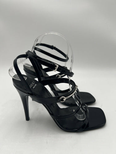 Women’s GUCCI Horsebit 105mm Strappy Black Patent Leather Sandals Size 38.5 Gucci