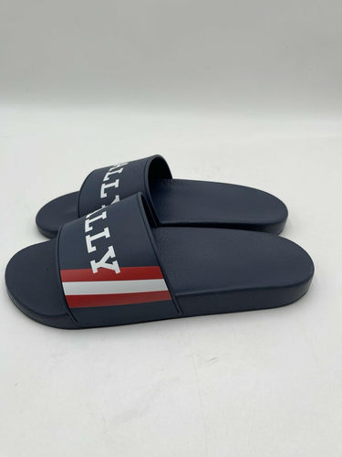 Men’s Bally Simon navy blue rubber logo sandals slides Size 42