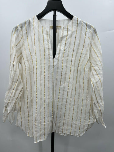 Michael Kors Blouse White Gold Metallic Stripe Tie Sleeve Tunic Top S Michael Kors