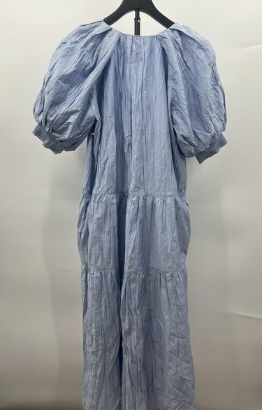 FRAME Dress Light Blue V Neck Puff Sleeve Tiered Crinkle Midi XS/TP FRAME