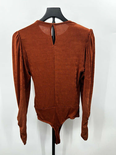ASTR the Label Womans Rust bodysuit draped faux-wrap front Puffed Size S