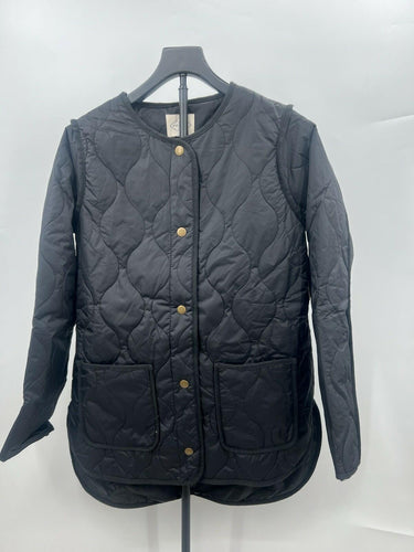 St John's Bay Jacket Womens Black Quilted Barn Collarless Snap Pockets S St. John's Bay