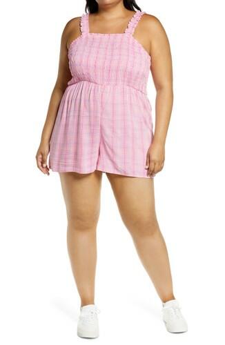BP. Smocked Bodice Romper, Pink Geodot Plaid Size 1X BP.