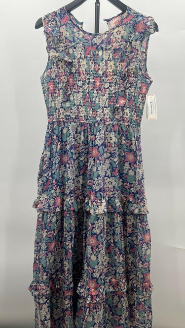 Banjanan Women's Maxi Dress Navy Floral Smocked Ruffle Tiered Sleeveless L Banjanan