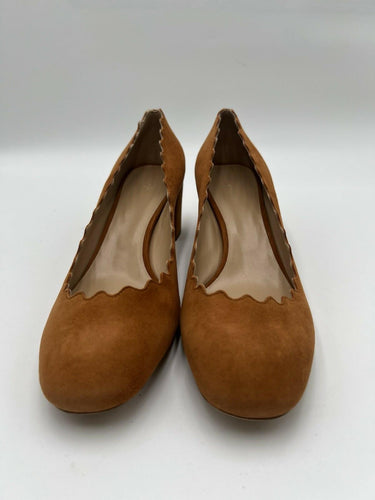 Chloe Lauren 50MM Scalloped Ballerina Suede Pumps Ochre Womens Size 41