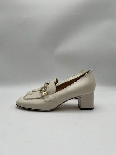 Gucci ZUMI Interlocking GG Block Mid Heel Loafer Pumps White Leather Size 37.5