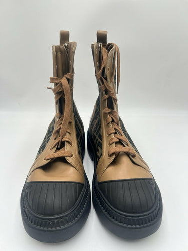 Fendi Wmns FF Motif Domino Biker Boot Brown Leather FF jacquard fabric Size 37.5