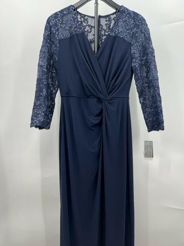 Alex Evenings Long Dress Navy Sequin Lace Surplice Twist Formal Gown 6 Alex Evenings