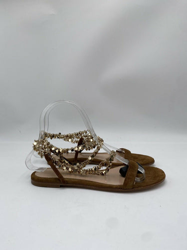 Gianvito Rossi flat sandals in camel suede gold-jeweled ankle strap Size 35.5 GIANVITO ROSSI