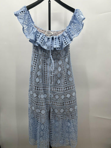 En Saison Dress Womens Off Shoulder Eyelet Lace Crochet Midi Blue Boho NWT XS En Saison