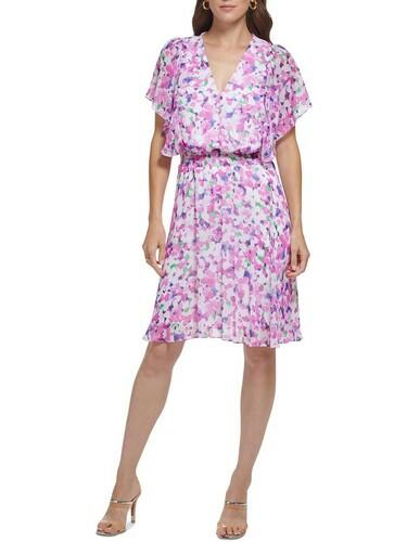 DKNY Women's V Neck Smocked Waist Flutter Sleeve Dress, Cream/Rasberry, 8 DKNY