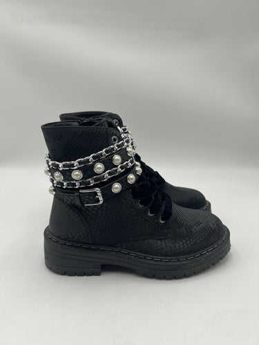 Sugar Kade Black Snake Emboss Pearl Chain Combat Boots Womens 10 Sugar