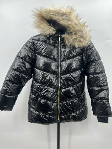 Juicy Couture Girls Puffer Jacket Black Faux Fur Hood Shiny Coat S 7/8 Juicy Couture