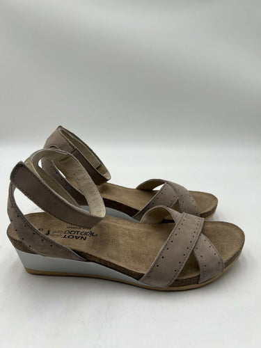Naot Wand Taupe Nubuck Cork Wedge Sandal Womens Ankle Strap Size 9 Naot