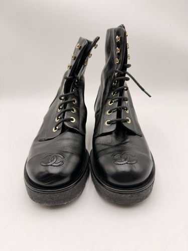 Chanel Interlocking CC Logo Black Leather Combat Boots Size 35