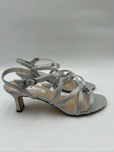 Nina Sandals Woman’s Silver Strappy Genaya-FY Glitter Spool Heel Size 10M Nina