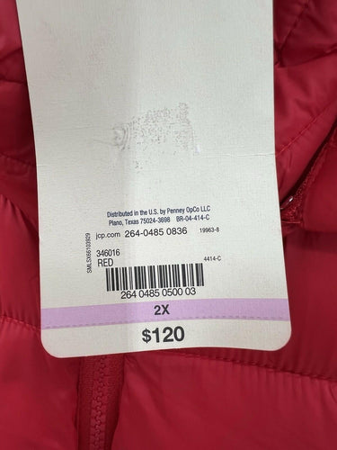 St John's Bay Puffer Jacket Womens Red Hooded Zip Pockets Lightweight NWT 2X St. John's Bay