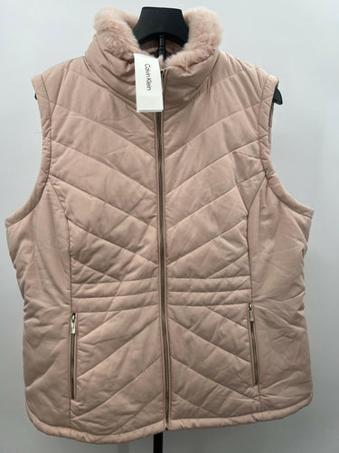 Calvin Klein Vest Womens Blush Pink Faux Fur Collar Quilted Chevron Puffer XL Calvin Klein