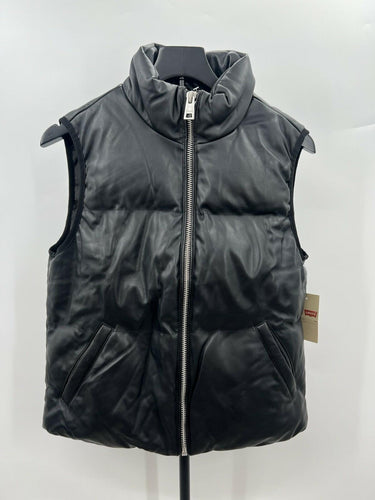 Levis Vest Womens Black Faux Leather Puffer Quilted Snap Button Cropped Boxy S Levi's