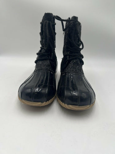 Sugar Skipper Black Glitter Duck Lace Up Rain Boots Womens 10 Sugar